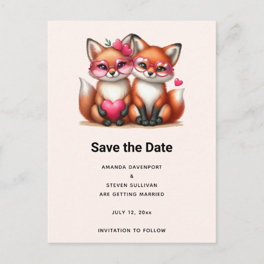 Carte Postale Faire-part Renards orange mignons en amour Mariage (Devant)