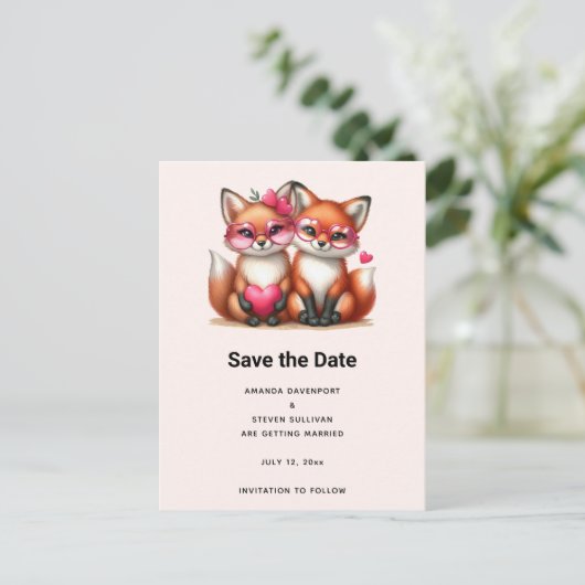 Carte Postale Faire-part Renards orange mignons en amour Mariage (Debout devant)