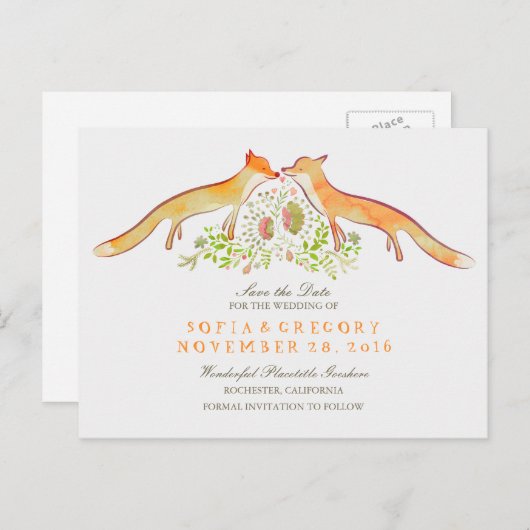 Carte Postale Faire-part Renards Sauvegarder la Date (Devant / Derrière)