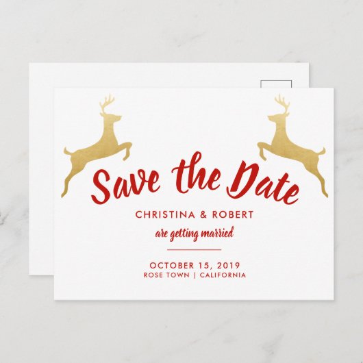 Carte Postale Faire-part Renne doré | Noël | Mariage Sauvegarder la date (Devant / Derrière)