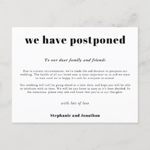 Carte Postale Faire-part Report de mariage simple typographique blanc