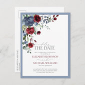 Carte Postale Faire-part Reporter la dateMariage bleu poussiéreux Bourgogne (Devant / Derrière)