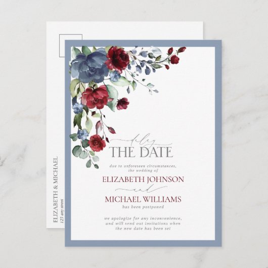 Carte Postale Faire-part Reporter la dateMariage bleu poussiéreux Bourgogne (Devant / Derrière)