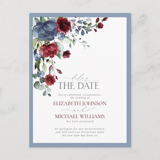 Carte Postale Faire-part Reporter la dateMariage bleu poussiéreux Bourgogne (Devant)