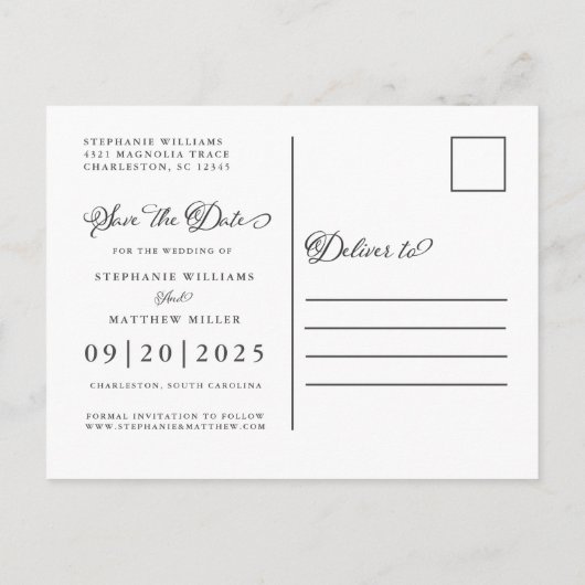 Carte Postale Faire-part Réservez la date | Dusty Blue Mariage Élégant Scri (Dos)