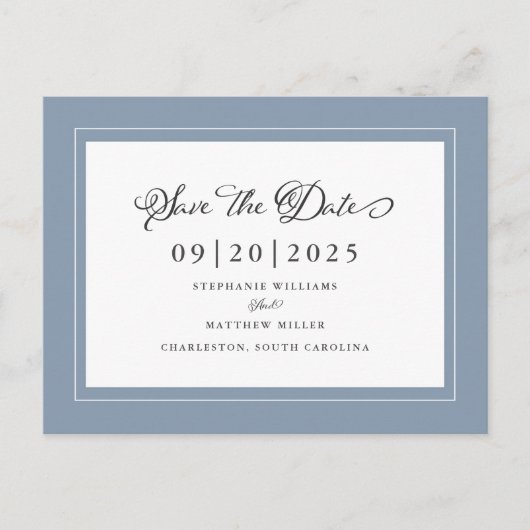 Carte Postale Faire-part Réservez la date | Dusty Blue Mariage Élégant Scri (Devant)
