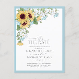 Carte Postale Faire-part Retarder la date Dusty Blue Sunflower Floral Maria