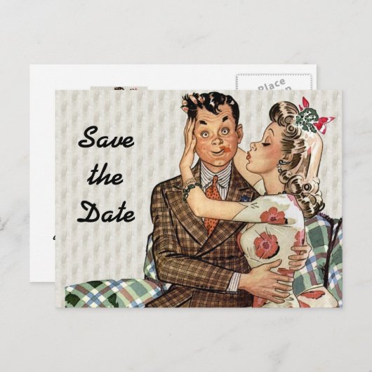 Carte Postale Faire-part Retro 1940s Kissing Couple Enregistrer la date (Devant / Derrière)