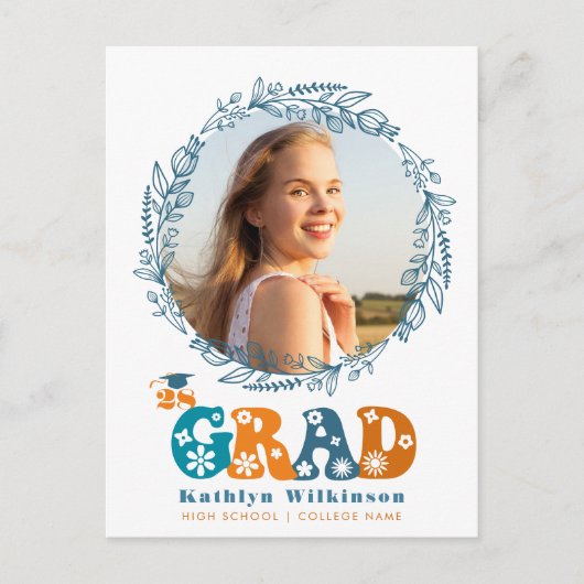 Carte Postale Faire-part Retro Floral Script Élégant Wreath Photo Gradué (Devant)