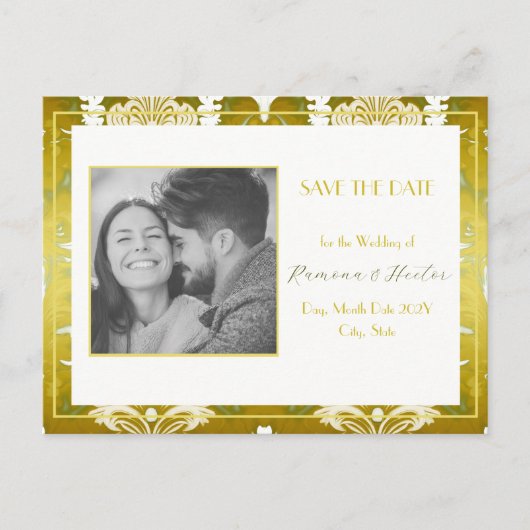 Carte Postale Faire-part Retro Gold Green Damask Enregistrer la date (Devant)