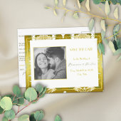 Carte Postale Faire-part Retro Gold Green Damask Enregistrer la date