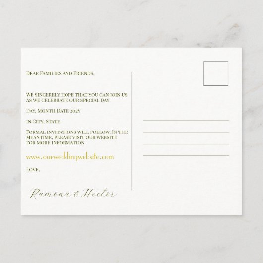 Carte Postale Faire-part Retro Gold Green Damask Enregistrer la date (Dos)