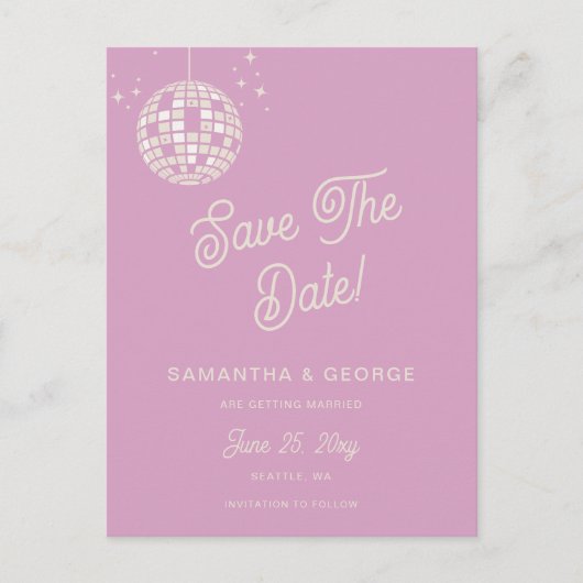 Carte Postale Faire-part Retro Groovy 70s Ivoire Disco Rose Save The Date (Devant)