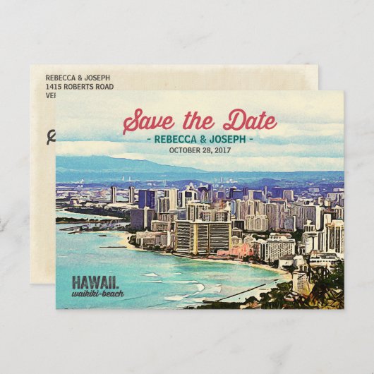 Carte Postale Faire-part Retro Hawaii Waikiki Beach Photo Enregistrer la da (Devant / Derrière)