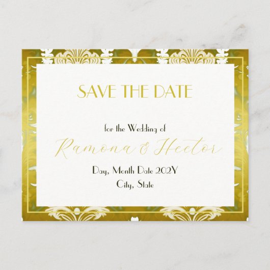 Carte Postale Faire-part Rétro Or Vert Damassé Étape à Sauvegarder (Devant)