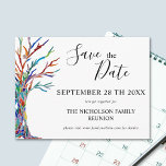Carte Postale Faire-part Retrouvailles familiales de l'arbre généalogique E<br><div class="desc">Invitation votre famille à votre réunion de famille avec cette carte postale élégante Enregistrer la date. Il dispose d'un arbre généalogique aux couleurs de l'arc-en-ciel et de l'espace pour vous customiser avec votre nom de famille et vos détails. Mosaïque originale © Michele Davies.</div>