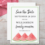 Carte Postale Faire-part Retrouvailles Familiales Enregistrer La Date Water<br><div class="desc">Cet été Family Reunion Save The Date carte postale est décorée de pastèques aquarelles. Facile à personnaliser. Utilisez l'outil de conception pour modifier la taille, le style ou la couleur du texte. Parce que nous créons notre oeuvre, vous ne trouverez pas cette image exacte d'autres designers. Aquarelle originale © Michele...</div>