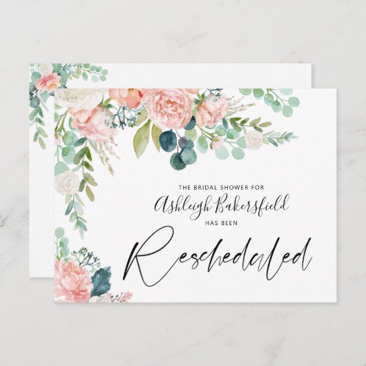 Carte Postale Faire-part Réunion de douche de mariée reprogrammée Fleurs ro (Devant / Derrière)