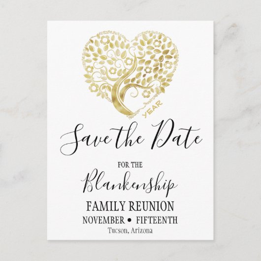 Carte Postale Faire-part Réunion Familiale Enregistrer La Date Gold Heart T (Devant)