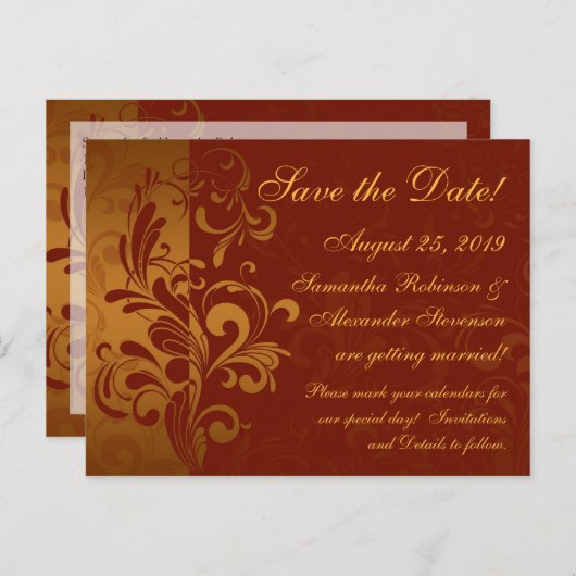 Carte Postale Faire-part Rich Brick Red / Gold Reverse Swirl Enregistrer la (Devant / Derrière)
