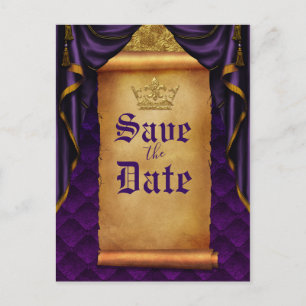 Carte Postale Faire-part Rideaux dorés violet royal défilement mariage enre