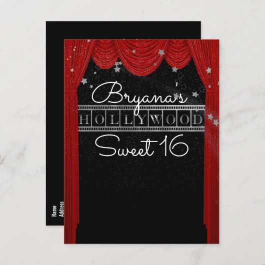 Carte Postale Faire-part Rideaux rouges HOLLYWOOD et étoile argentée Save t (Devant / Derrière)