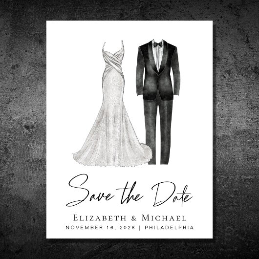 Carte Postale Faire-part Robe de mariée élégante Tuxedo Aquarelle