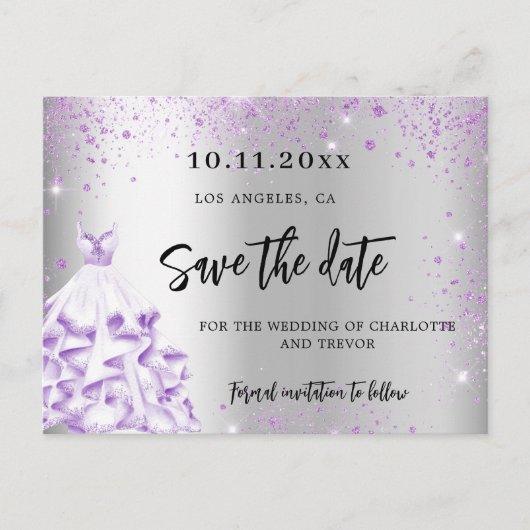 Carte Postale Faire-part Robe violette argent mariage enregistrer la date (Devant)
