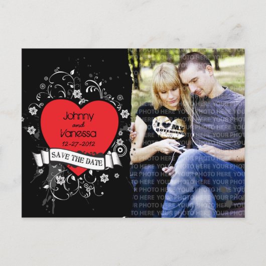 Carte Postale Faire-part Rock & Roll Grungy Heart Photo Enregistrer la date (Devant)