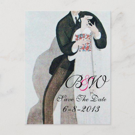 CARTE POSTALE FAIRE-PART ROMANTIC BRIDE & GROOM SAVE THE DATE MONOGRAMME (Devant)
