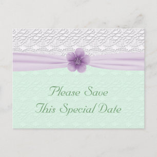 Carte Postale Faire-part Romantique dentelle Lavande Fleur Mint vert Enregi