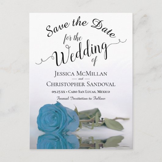 Carte Postale Faire-part Romantique Turquoise Bleu Rose Mariage Enregistrer (Devant)