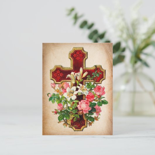 Carte Postale Faire-part Rose Ancienne et Croix Enregistrer la Date (Debout devant)