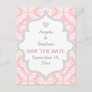 Carte Postale Faire-part Rose, blanc, gris mariage damassé Enregistrer la d