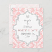 Carte Postale Faire-part Rose, blanc, gris mariage damassé Enregistrer la d (Devant / Derrière)