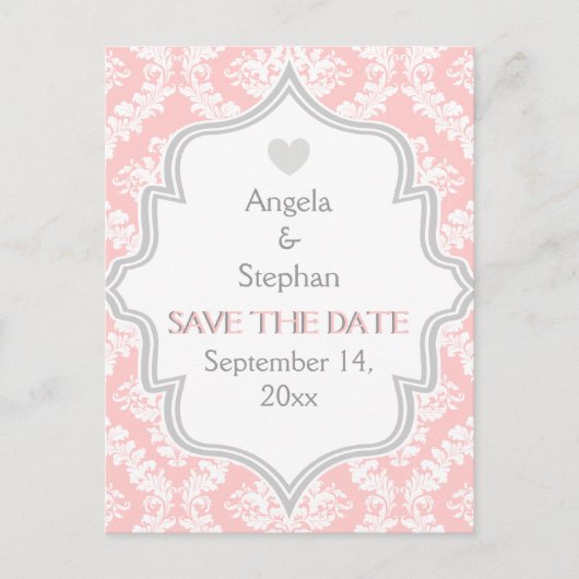 Carte Postale Faire-part Rose, blanc, gris mariage damassé Enregistrer la d (Devant)