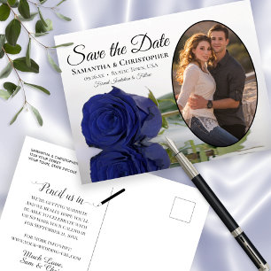 Carte Postale Faire-part Rose bleu Marine Oval Photo Wedding Enregistrer La