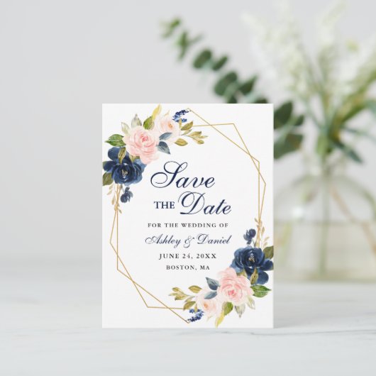 Carte Postale Faire-part Rose Blush Floral Blue Enregistrer la date (Debout devant)