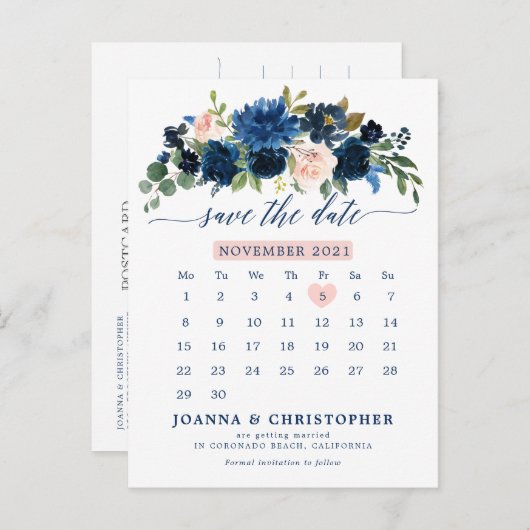 Carte Postale Faire-part Rose botanique rose écarlate bleu marine Enregistr (Devant / Derrière)