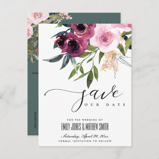 CARTE POSTALE FAIRE-PART ROSE BRILLANT BOURGUIGNON FLORAL ENSEMBLE SAUVEGAR (Devant / Derrière)