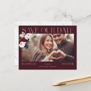 Carte Postale Faire-part Rose d'aquarelle Bourgogne Gold Save Our Date Phot