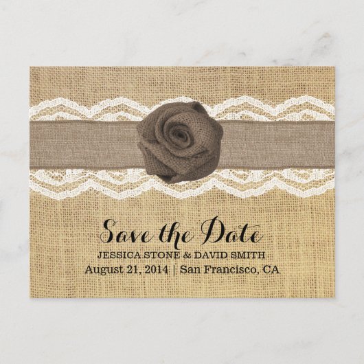 Carte Postale Faire-part Rose de Burlap Rustique et Ruban de Dentelle Enreg (Devant)