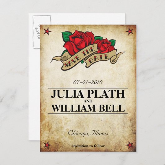 Carte Postale Faire-part Rose de tatouage Enregistrer la date (Devant / Derrière)