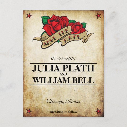 Carte Postale Faire-part Rose de tatouage Enregistrer la date (Devant)