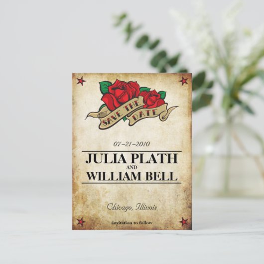 Carte Postale Faire-part Rose de tatouage Enregistrer la date (Debout devant)