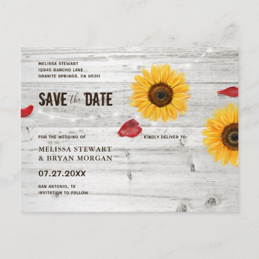 Carte Postale Faire-part Rose de tournesol rustique Mariage bois Enregistre (Dos)