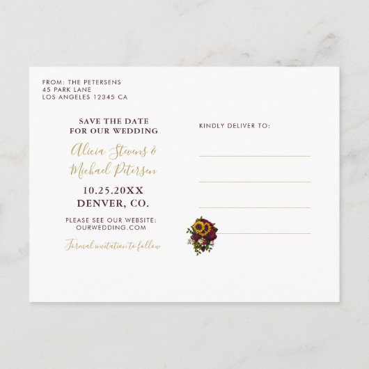 Carte Postale Faire-part Rose de tournesol script rustique enregistrer date (Dos)