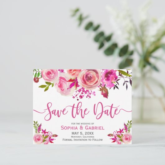 Carte Postale Faire-part Rose Fuchsia Botanique Florale  Enregistrez la dat (Debout devant)