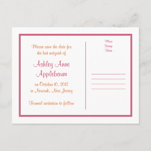 Carte Postale Faire-part Rose Gerber Daisy Bat Mitzvah Save the Date (Dos)