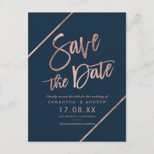Carte Postale Faire-part Rose gold bleu marine écriture sauver la date mari